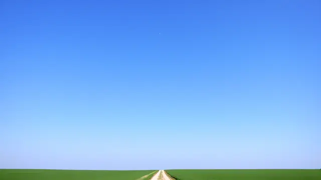 A lone path through a green field leading toward the horizon
