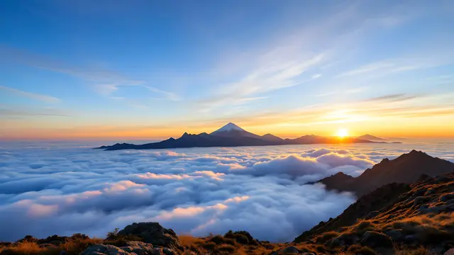 A mountain summit view above the clouds at sunrise