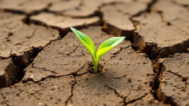 A single green shoot growing from cracked dry soil