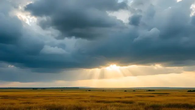 Sunlight breaking through storm clouds over open fields