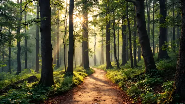 A winding forest trail with soft morning light