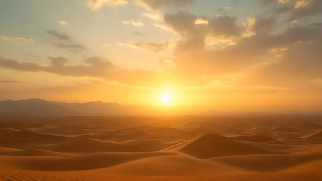 A wide desert horizon at sunrise with warm light