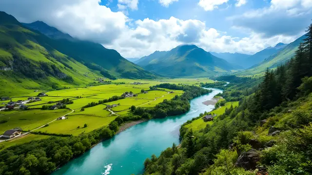 A river flowing through a bright green valley