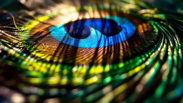 Peacock feather lit from the side, casting long shadows