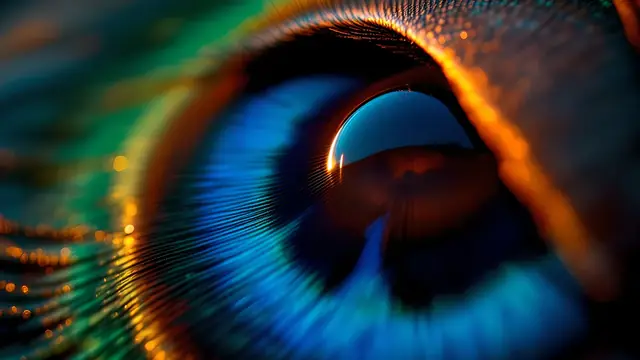 A peacock feather eye pattern glowing with warm sunset light behind it