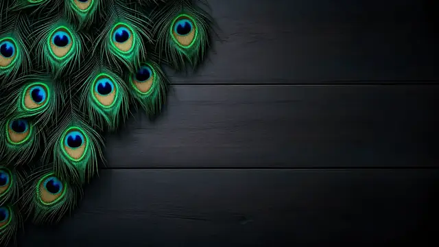 Peacock feathers fanned across a dark wooden floor, seen from above