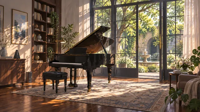 Piano in a sunlit room
