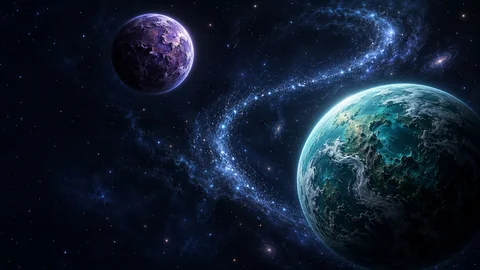 Separate violet and teal planets with a curved blue light trail between them