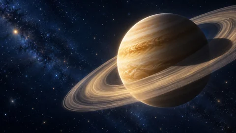 Golden imagined planet with broad diagonal dusty rings and a softly shadowed surface