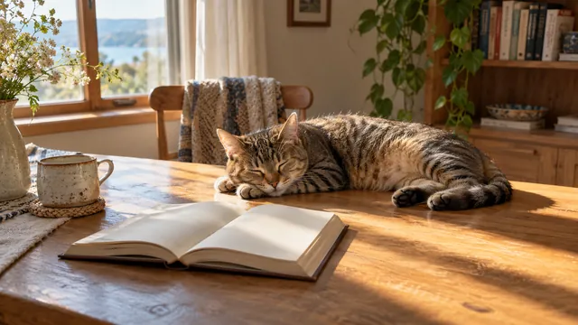 Sleeping tabby beside a book
