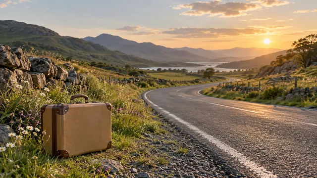 Suitcase beside a winding road