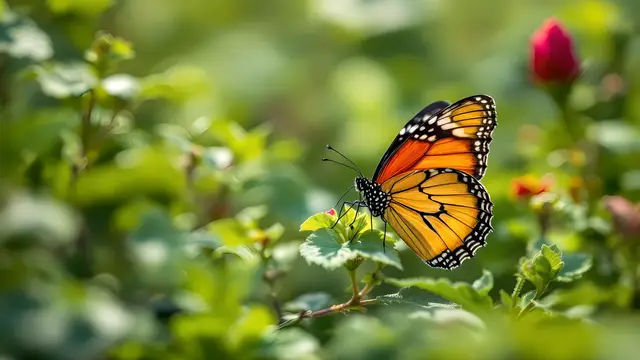 A wide nature shot of a butterfly among blurred foliage