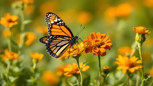 A monarch butterfly on orange wildflowers in a sunny meadow
