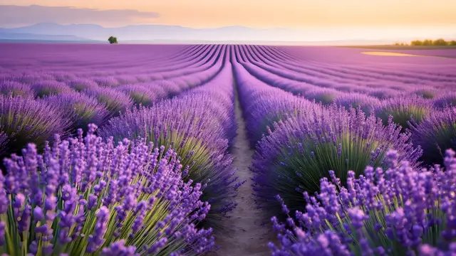 A lavender field stretching to the horizon under soft light