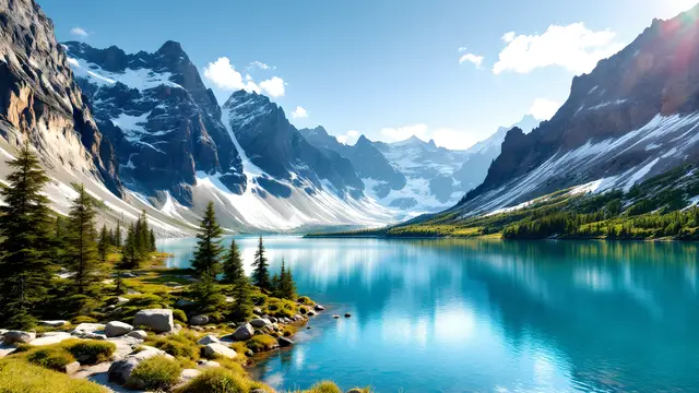 A turquoise alpine lake below snowy peaks on a clear morning