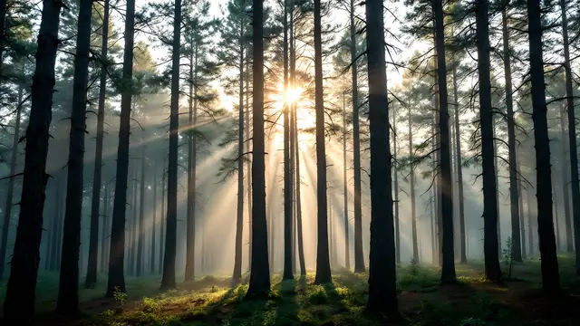 A misty pine forest with soft sun rays between the trunks