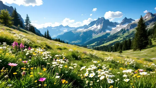 A calm alpine meadow with wildflowers and distant snowy peaks
