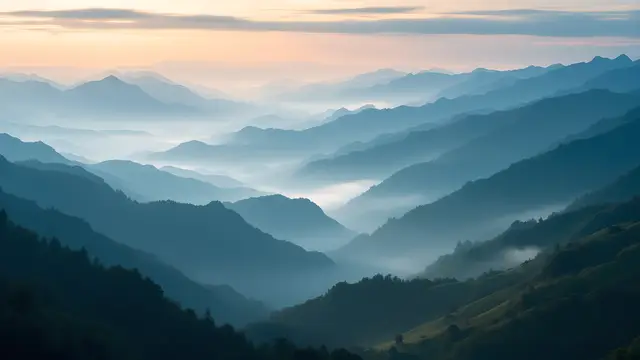 Layered mountain ridges at sunrise, soft mist in the valleys