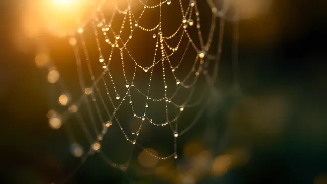 Dew drops on a spider web at dawn