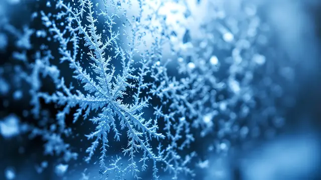 Frost crystals on a window pane, cool blue tones