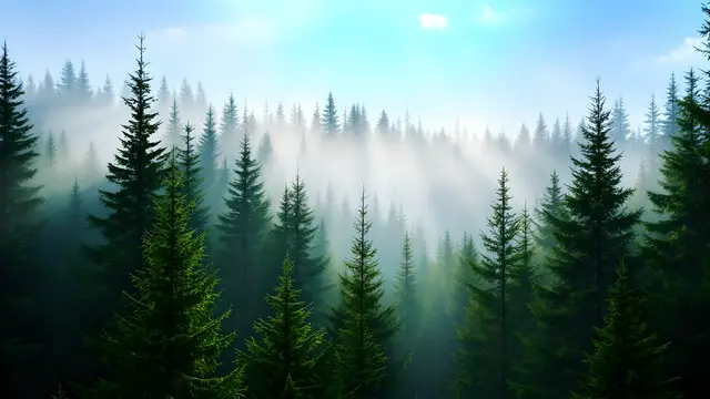 A dense pine forest with morning light rays through the trees