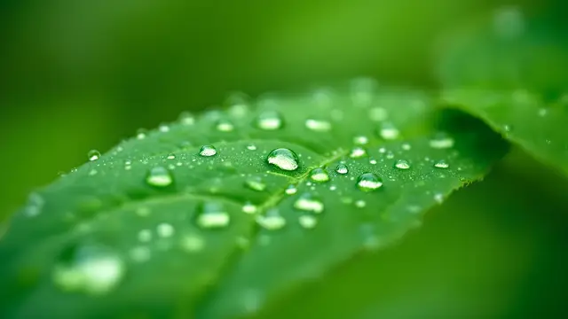 Raindrops on a leaf after a storm, soft green background
