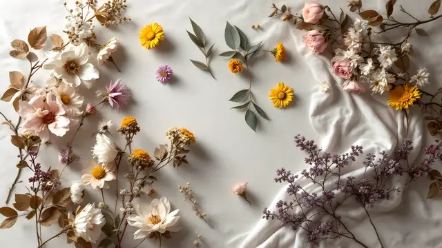 Dried flowers and branches arranged on linen