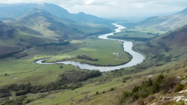 A winding river through a green valley from above