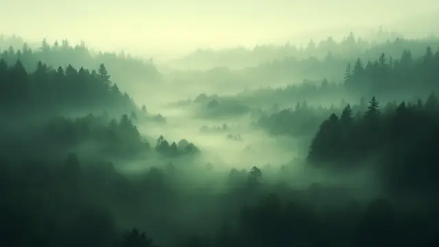 A foggy forest clearing at dawn, muted green and grey tones