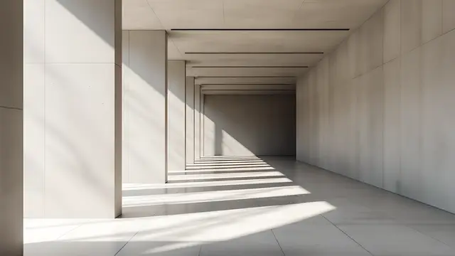 A minimalist concrete corridor with strong diagonal shadows