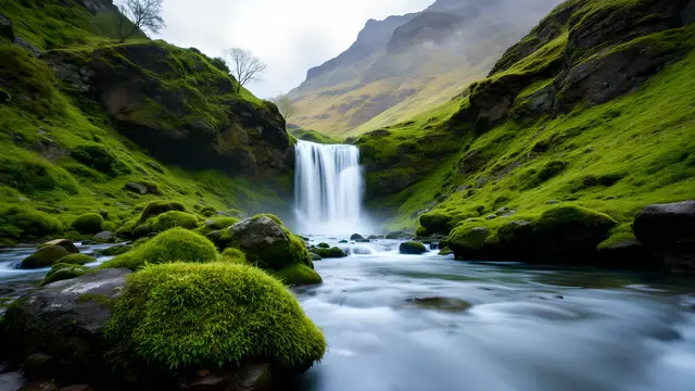 A waterfall in a lush green canyon