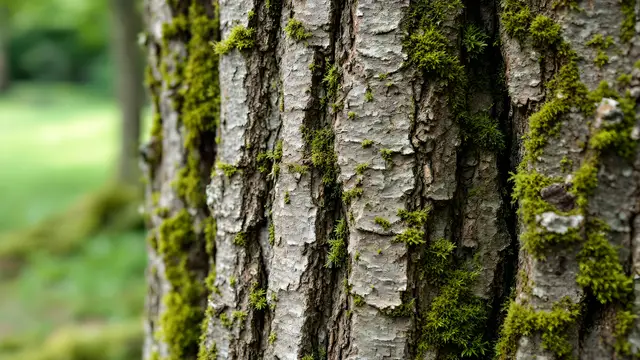 Tree bark texture with moss growing in the grooves