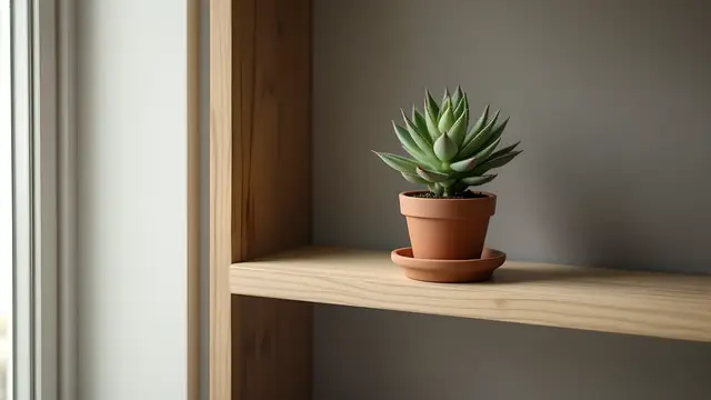 A single potted succulent on a plain wooden shelf