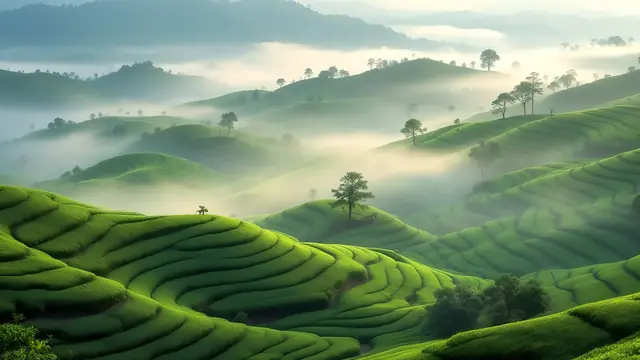 Green terraced tea hills in soft morning mist