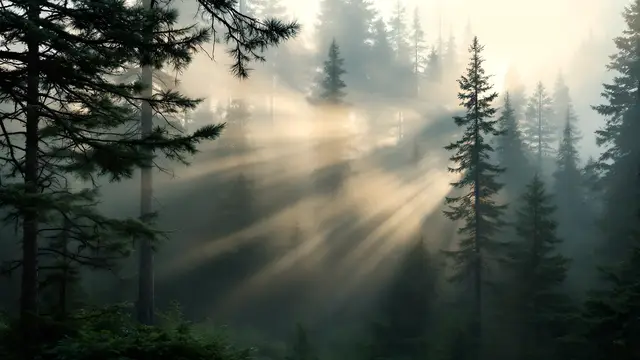 A misty pine forest at dawn with soft light beams
