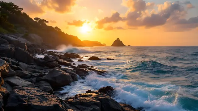A rocky coastline with crashing waves at sunset
