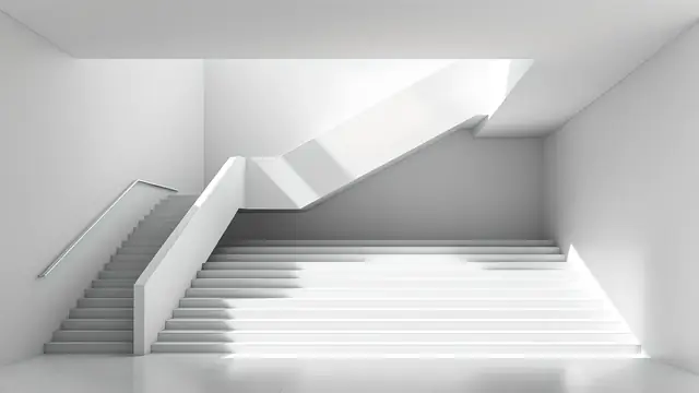 A bright white stairway and landing in a minimalist space