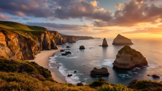 Coastal cliffs and sea stacks at sunset