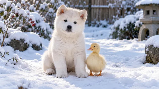 White puppy and duckling in snow