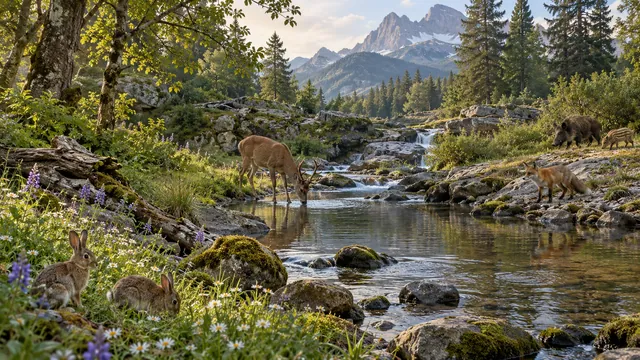 Woodland animals at a creek