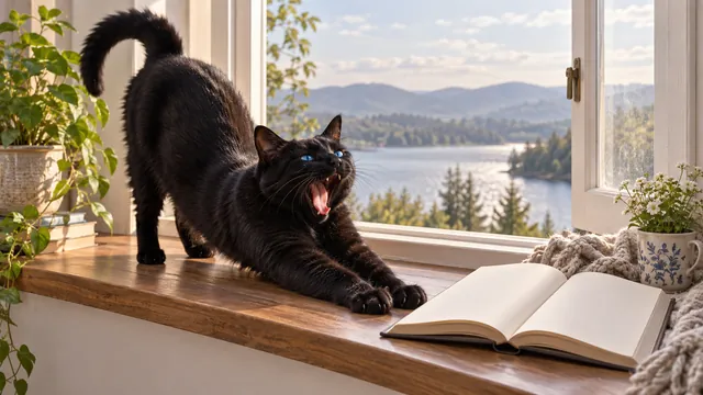 Blue-eyed black cat by a book